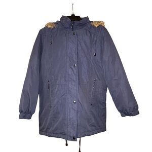 Keren Hart‎ Navy Blue Faux Fur Trim Hooded Parka Winter Coat Women’s Size Small